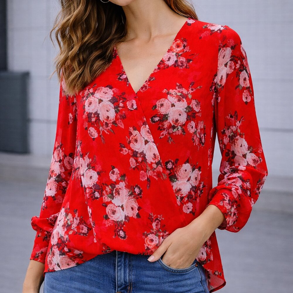 Kut from the Kloth‎ Red Floral Wrap-Style Blouse | Small | Romantic Boho Top